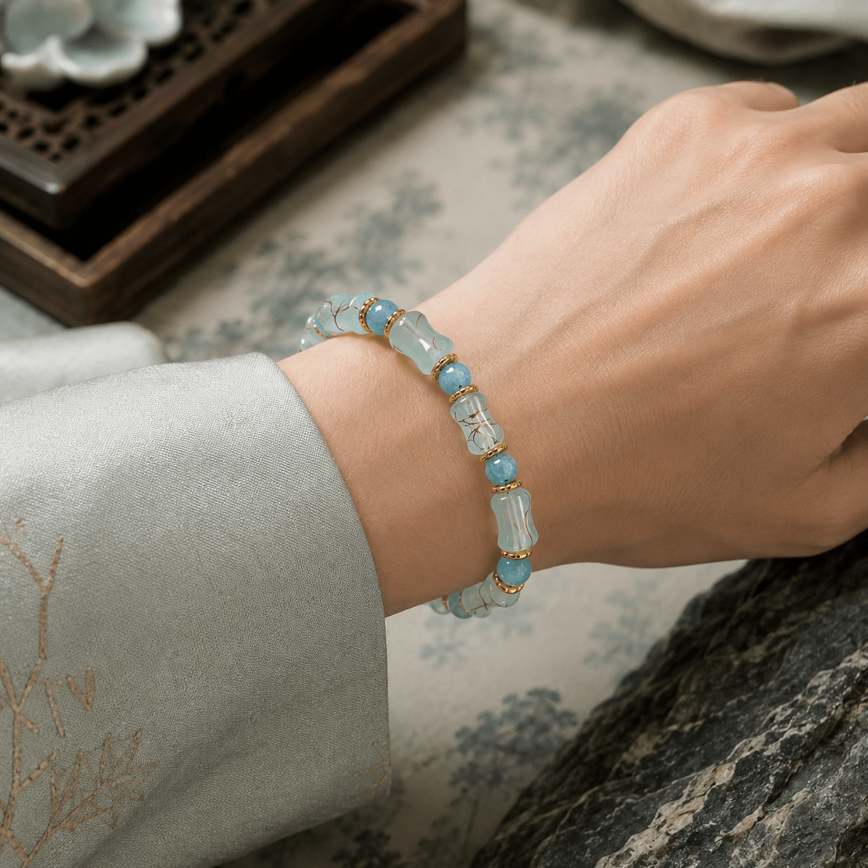 Light Blue Vase Beaded Bracelet, Handmade Vintage Style